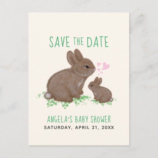 Schattige Bunnies hart Baby shower sparen de Datum Aankondigingskaart (Voorkant)