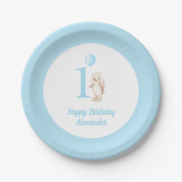 Schattige Bunny & Balloon Blue Happy Birthday 1st Papieren Bordje