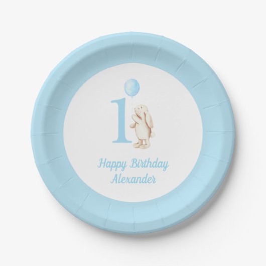 Schattige Bunny & Balloon Blue Happy Birthday 1st Papieren Bordje (Voorkant)