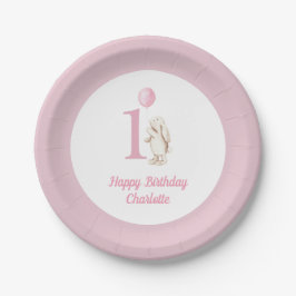Schattige Bunny & Balloon Roze Happy Birthday 1st Papieren Bordje