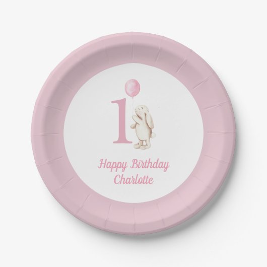 Schattige Bunny & Balloon Roze Happy Birthday 1st Papieren Bordje (Voorkant)