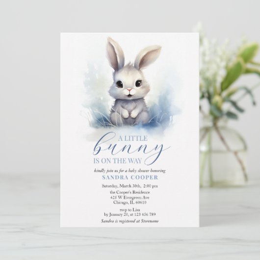 Schattige Bunny Blue Winter Custom Baby shower Kaart (Staand voorkant)