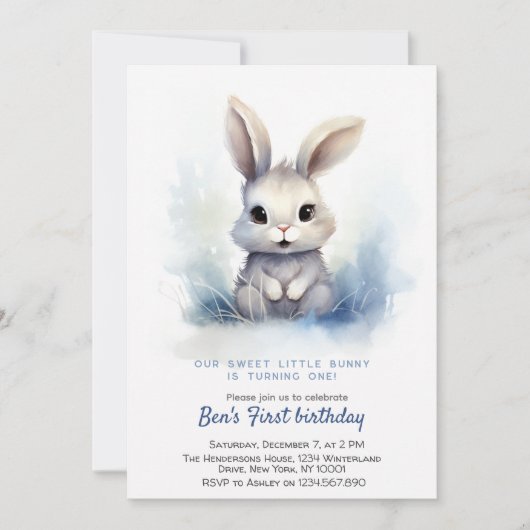 Schattige Bunny Blue Winter Custom Verjaardagsfees Kaart (Voorkant)
