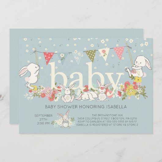 Schattige Bunny Boys Baby shower Uitnodiging (Voorkant / Achterkant)