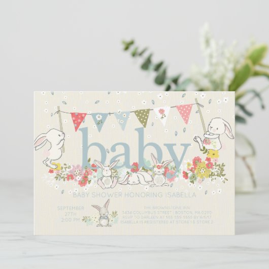 Schattige Bunny Boys Baby shower Uitnodiging (Staand voorkant)