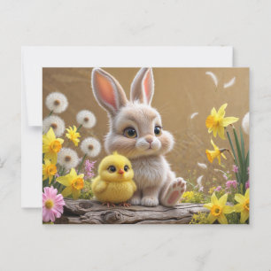 Schattige Bunny en Baby Chick in Spring Garden Briefkaart