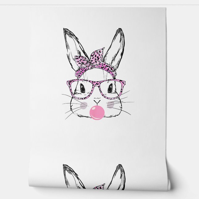 Schattige Bunny Face Pink Leopard Glasses Bubblegu Behang (Afrollen)