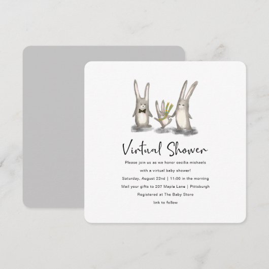 Schattige Bunny Family Virtual Baby shower Kaart (Voorkant / Achterkant)