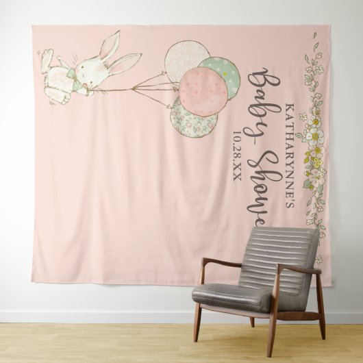Schattige Bunny Floral Baby shower Achtergrond Wandkleed (In Situ (horizontaal))