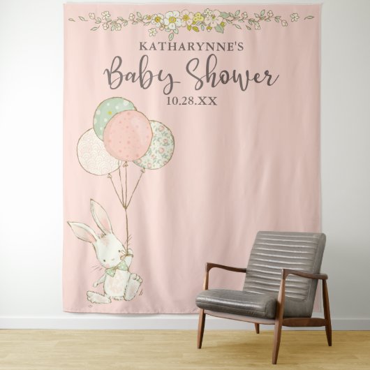 Schattige  Bunny Floral Baby shower Achtergrond Wandkleed (In situ)