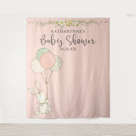 Schattige Bunny Floral Baby shower Achtergrond Wandkleed (Voorkant)