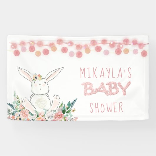 Schattige Bunny Floral Roos Gouden Glitter Baby sh Spandoek (Horizontaal)