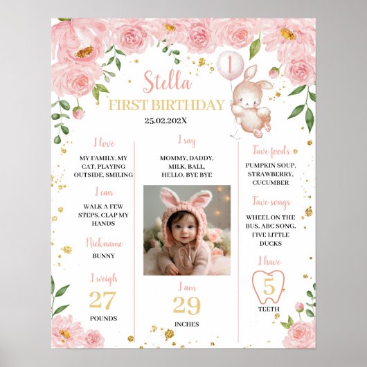 Schattige Bunny Floral Verjaardagsfeestje Mijlpaal Poster (Voorkant)