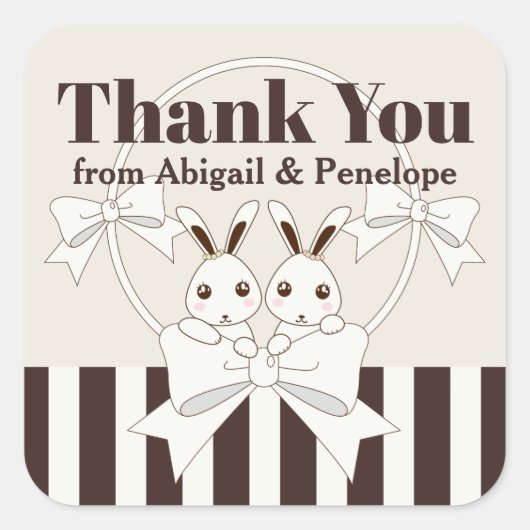 Schattige Bunny Girl Twin Baby shower / Verjaardag Vierkante Sticker (Voorkant)