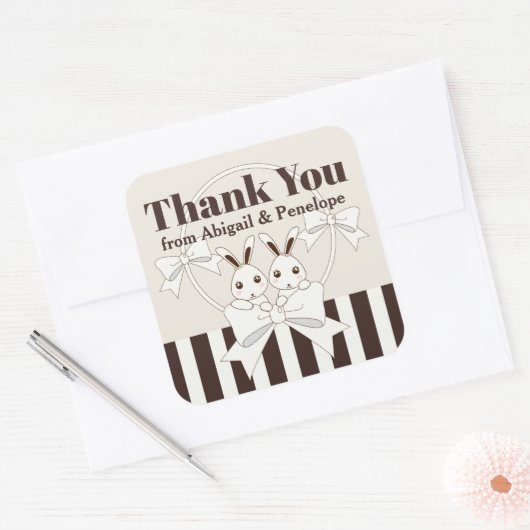 Schattige Bunny Girl Twin Baby shower / Verjaardag Vierkante Sticker (Envelop)