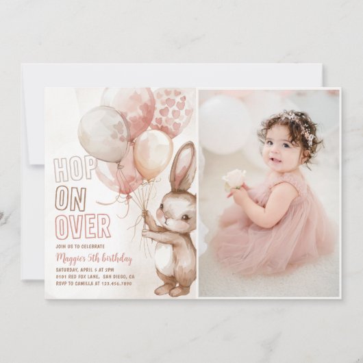 Schattige Bunny Girl Verjaardagsfeest Roze Foto Kaart (Voorkant)