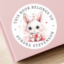Schattige bunny holding hart bibliotheek boek labe