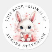 Schattige bunny holding hart bibliotheek boek labe ronde sticker (Voorkant)