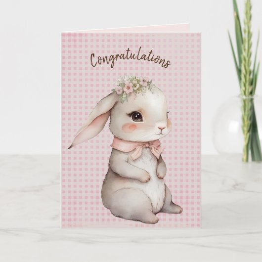 Schattige Bunny Op Gingham voor Nieuwe Baby Kaart (Voorkant)