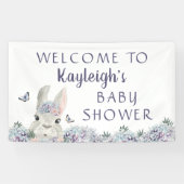 Schattige Bunny Paarse Bloemen Baby shower Welkom Spandoek (Horizontaal)