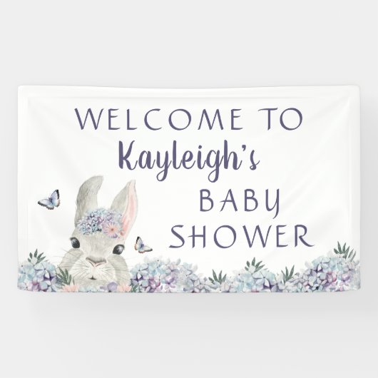 Schattige Bunny Paarse Bloemen Baby shower Welkom Spandoek (Horizontaal)