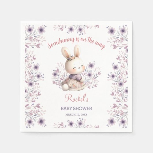 Schattige Bunny Paarse Roze Bloemen Meisje Baby sh Servet (Voorkant)