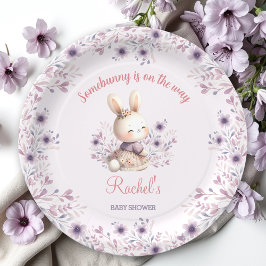 Schattige Bunny Paarse Spring Floral Girl Baby sho Papieren Bordje