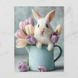 Schattige Bunny Peeking uit een kruik van tulpen Feestdagenkaart