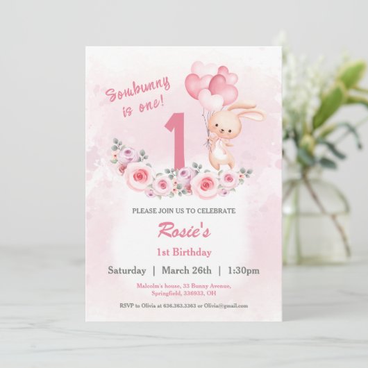 Schattige Bunny Pink 1st Verjaardags Meisje Floral Kaart (Staand voorkant)