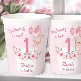 Schattige Bunny Pink 1st Verjaardags Meisje Floral Papieren Bekers