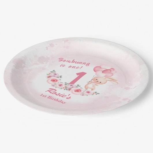 Schattige Bunny Pink 1st Verjaardags Meisje Floral Papieren Bordje (Gekanteld)
