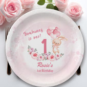Schattige Bunny Pink 1st Verjaardags Meisje Floral Papieren Bordje