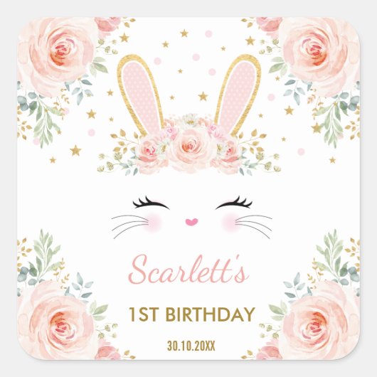 Schattige Bunny Roze Blush Goud Bloemen Roos Verja Vierkante Sticker (Voorkant)