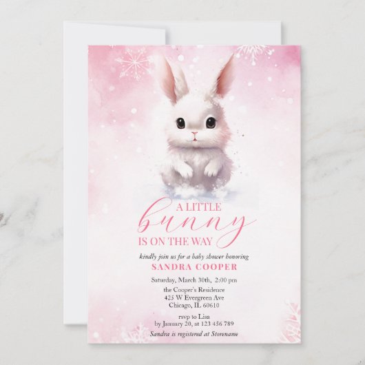 Schattige Bunny Roze Winter Custom Baby shower Kaart (Voorkant)