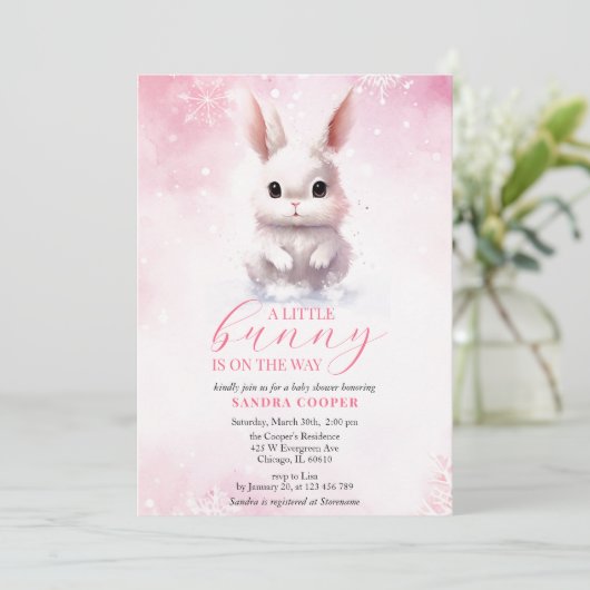 Schattige Bunny Roze Winter Custom Baby shower Kaart (Staand voorkant)