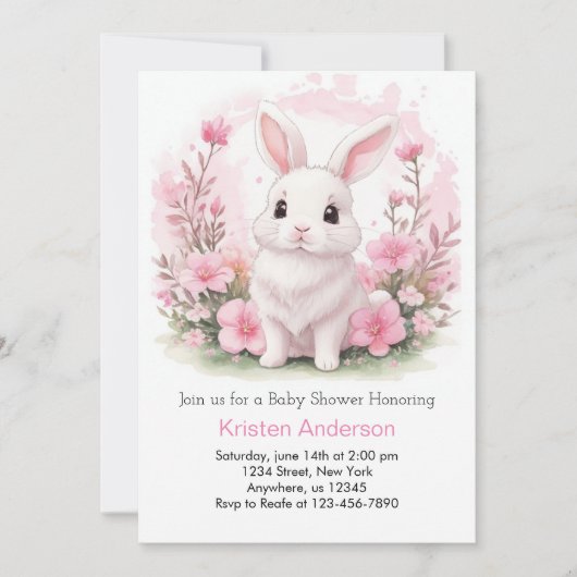 Schattige Bunny Wildflower Roze Meisje Baby shower Kaart (Voorkant)