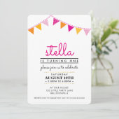 SCHATTIGE BUNTING 1E verjaardagsfeest INVITE roze  Kaart (Staand voorkant)
