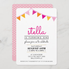 SCHATTIGE BUNTING 1E verjaardagsfeest INVITE roze  Kaart