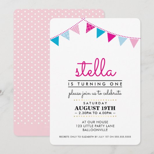 SCHATTIGE BUNTING 1E verjaardagsfeestje INVITE roz Kaart (Voorkant / Achterkant)