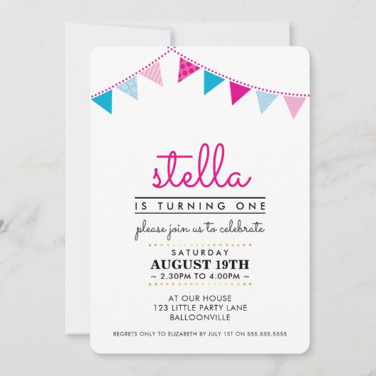 SCHATTIGE BUNTING 1E verjaardagsfeestje INVITE roz Kaart (Voorkant)