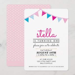 SCHATTIGE BUNTING 1E verjaardagsfeestje INVITE roz Kaart