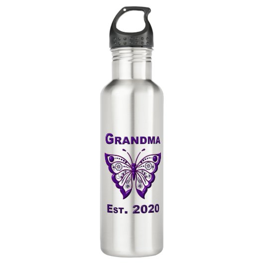 Schattige Butterfly Grandma "Est 2020" Waterfles (Voorkant)