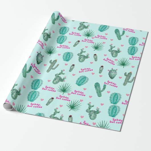Schattige Cactus Green Wrapping Paper Cadeaupapier (Uitgerold)