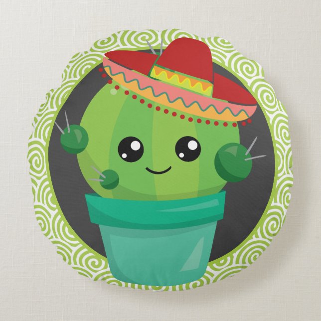 Schattige Cactus in een Sombrero Rond Kussen (Voorkant)