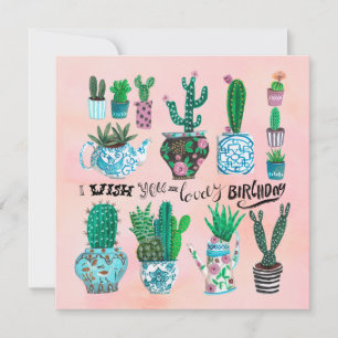 Schattige cactus roze & groene plantenliefhebber v kaart