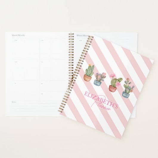 Schattige Cactus Roze Wit Gestreept Patroon Planner (Display)