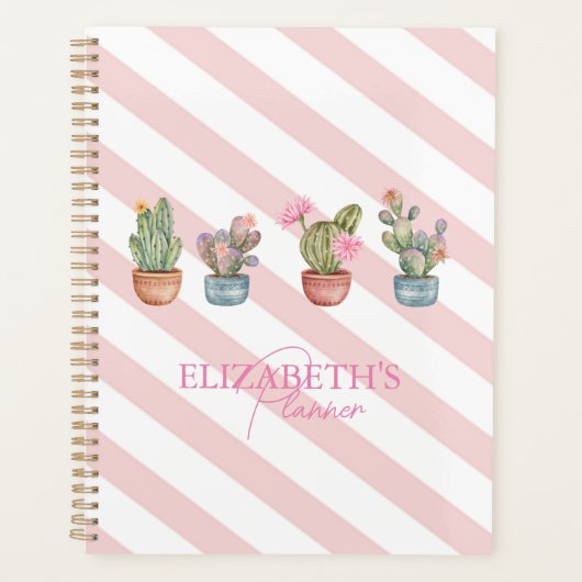 Schattige Cactus Roze Wit Gestreept Patroon Planner (Voorkant)