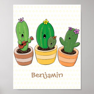 Schattige cactus trio zingende cartoon illustratie poster