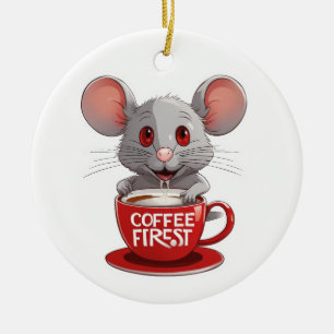 Schattige cafeïne muis in rode mok keramisch ornament