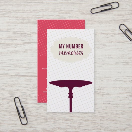 SCHATTIGE CAKE STAND modern polka dot meloen ivoor Visitekaartje (Voorkant / Achterkant in situ)